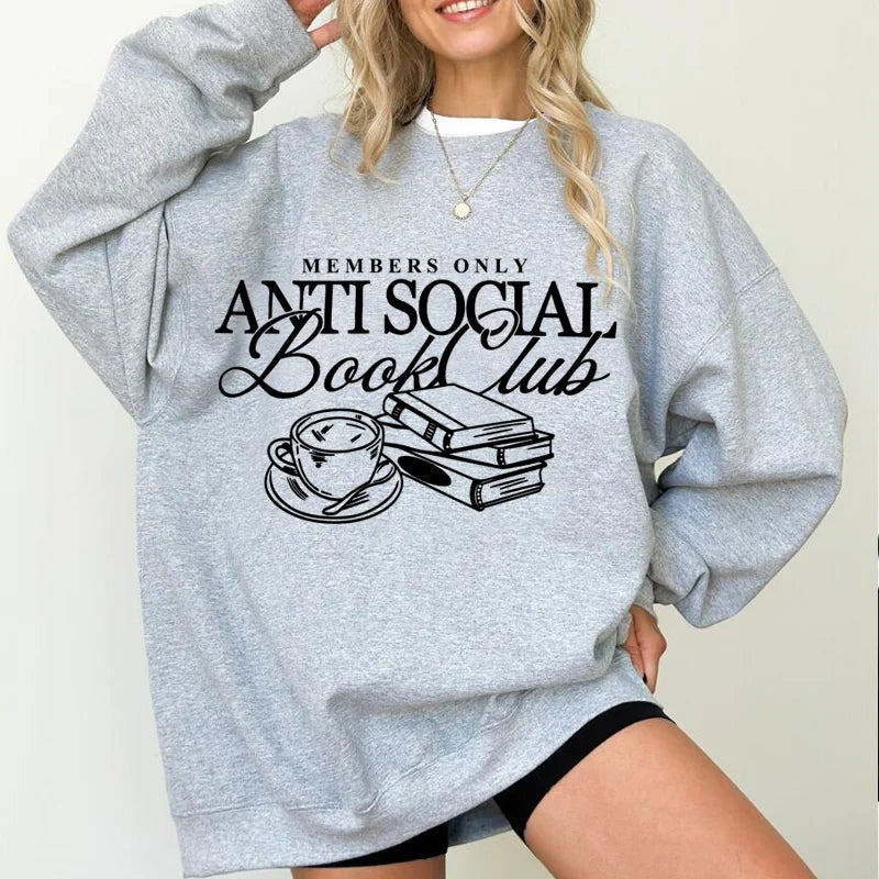 Women's "anti Social Book Club" Sweatshirt – Cozy Reader Crewneck Pullover – White – XL