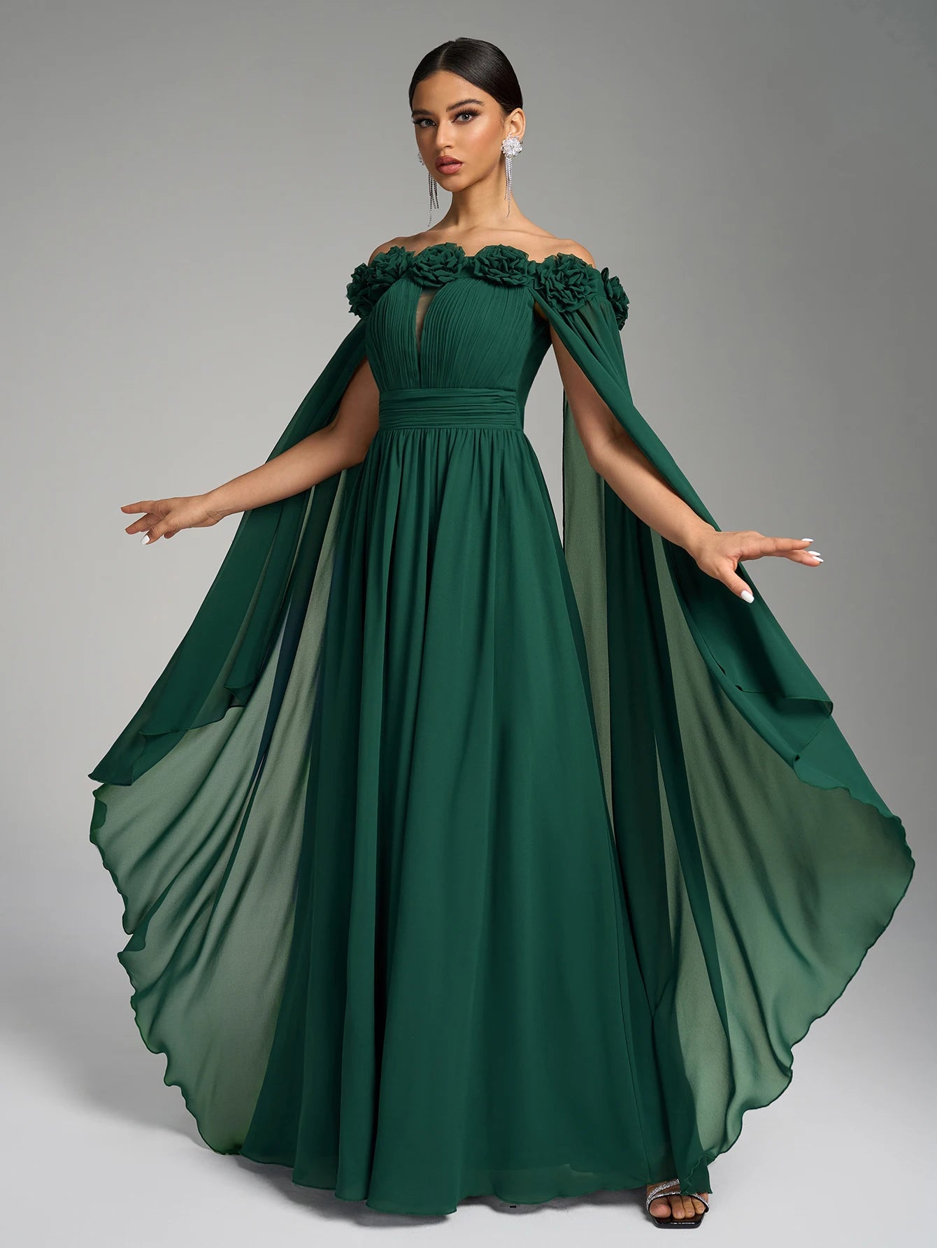 Women’s One-Shoulder Chiffon Evening Gown – Flared Sleeves, Pleated Waist - The Dock Drop