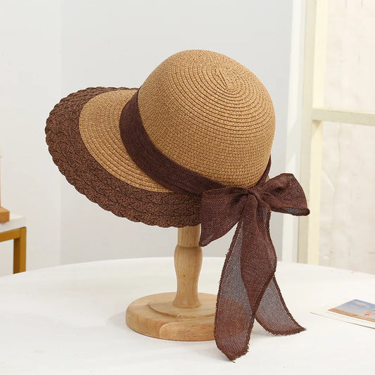 Women’s Wide Brim Straw Sun Hat – Bow Accent, UV Protection