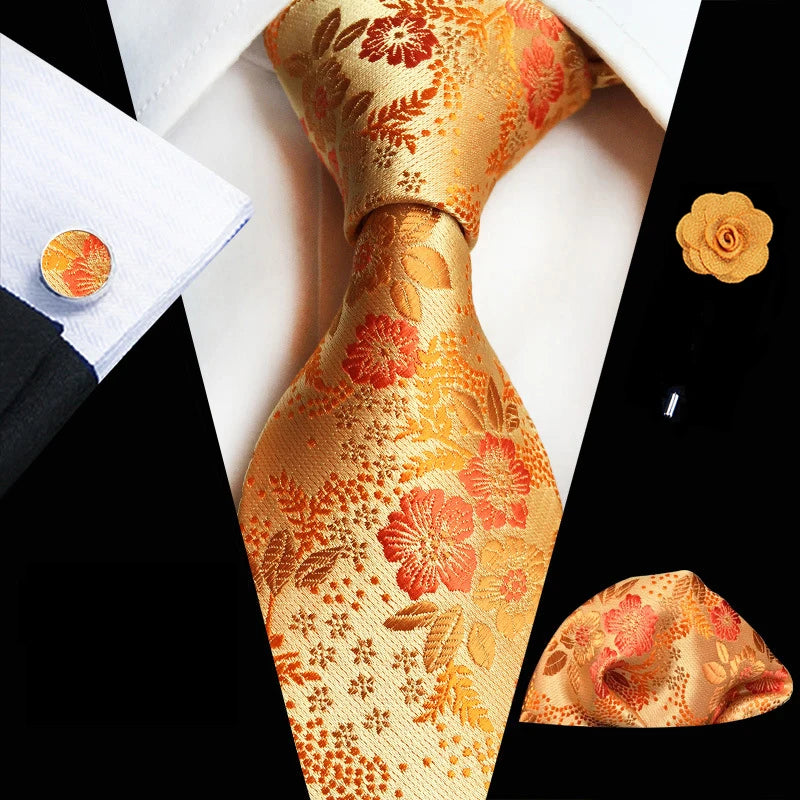 Men’s Floral Necktie Set – Tie, Pocket Square & Cufflinks