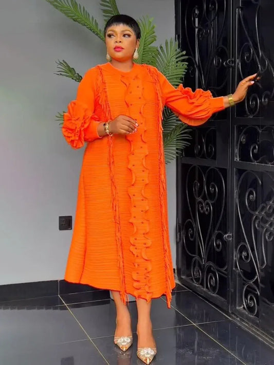 Elegant Pleated Lantern-Sleeve Midi Dress