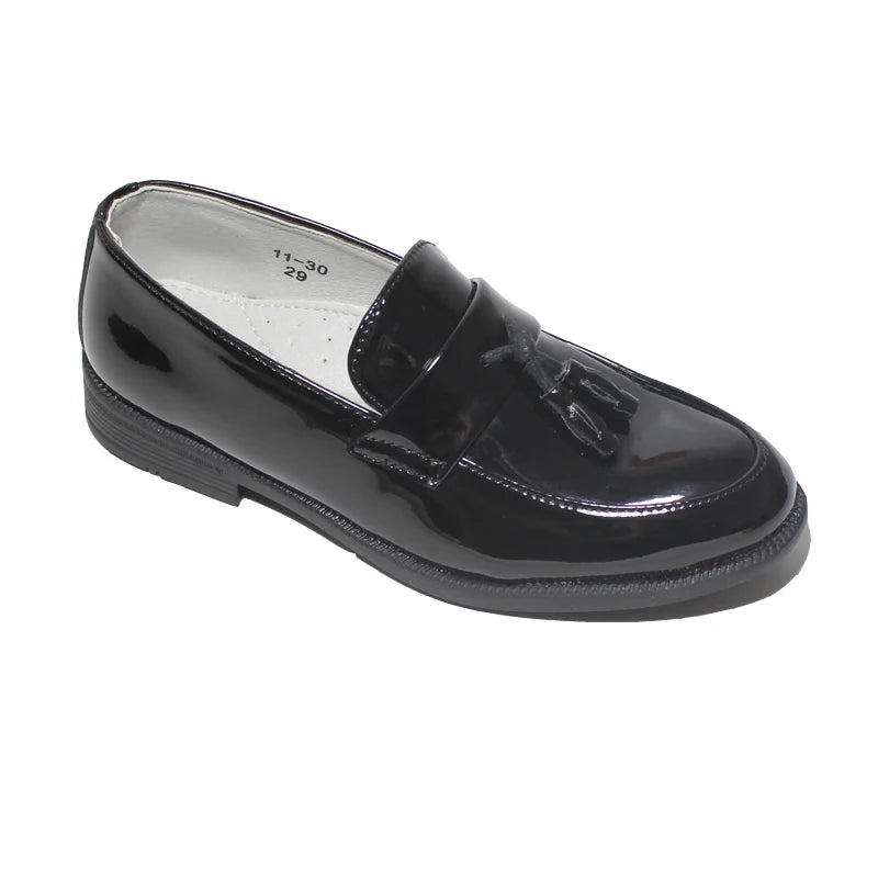 Boys patent leather dress shoes in glossy black — side view