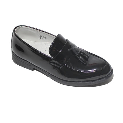 Boys patent leather dress shoes in glossy black — side view