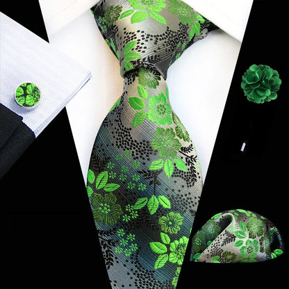 Men’s Floral Necktie Set – Tie, Pocket Square & Cufflinks