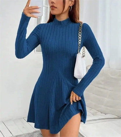 Women’s Ribbed A-Line Knit Mini Dress – Long Sleeve, Mock Neck, Slim Fit