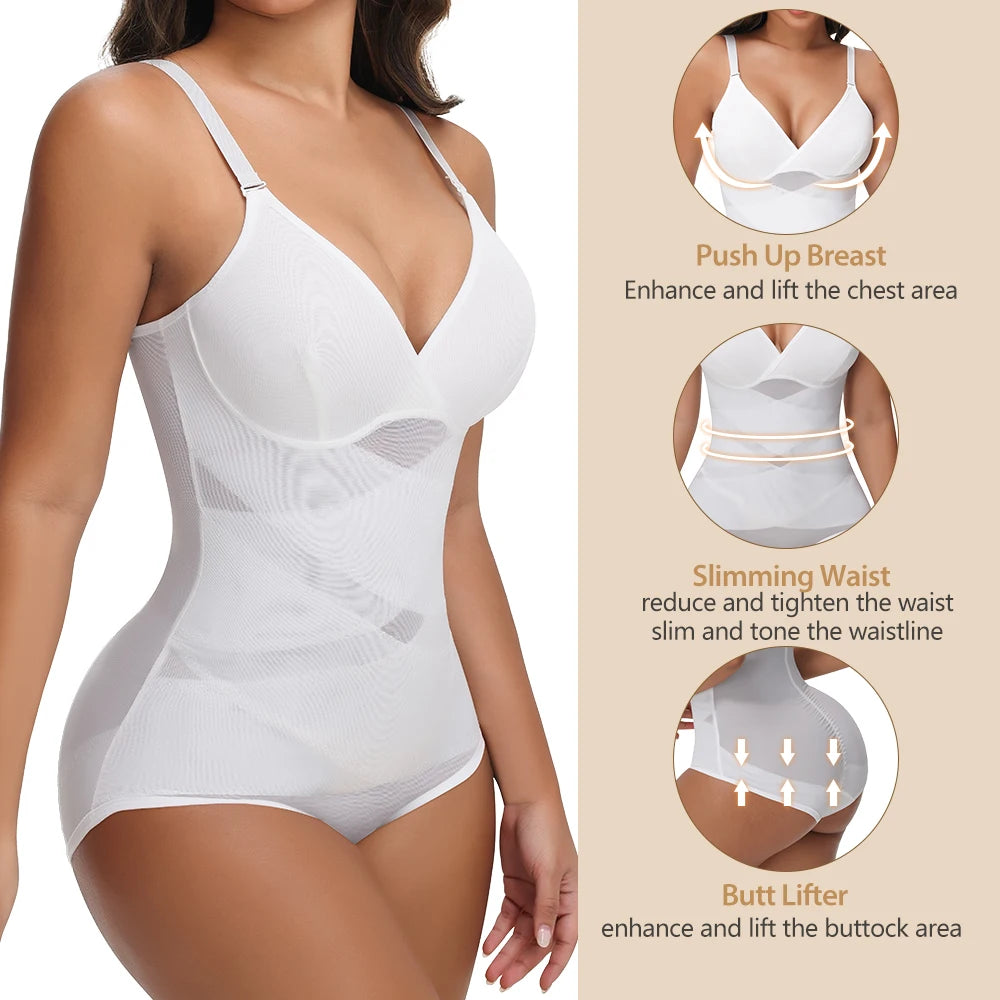 Women's Cross-Back Mesh Shapewear Bodysuit – Slimming Fit, Tummy Control