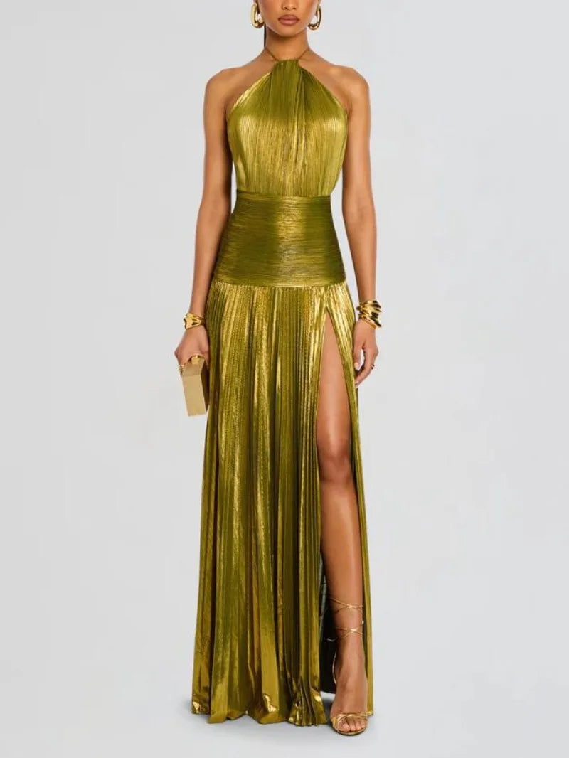 Women’s Halter Evening Gown – Floor-Length, High-Slit Elegance