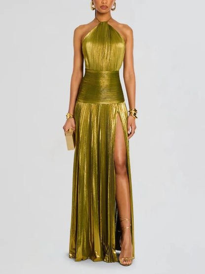 Women’s Halter Evening Gown – Floor-Length, High-Slit Elegance