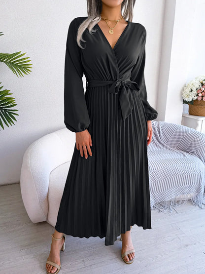 Women’s Pleated V-Neck Maxi Dress – Long Sleeve, Belted Waist