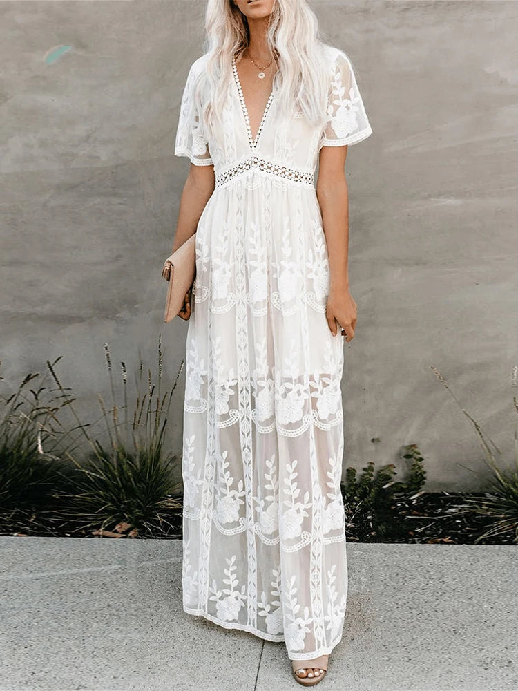 Women’s Embroidered Lace Maxi Dress – Elegant White Boho Beach Style