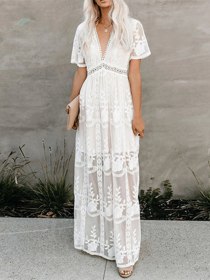 Women’s Embroidered Lace Maxi Dress – Elegant White Boho Beach Style