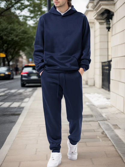 Men’s Solid Fleece Hoodie & Joggers Set – Autumn/Winter Tracksuit