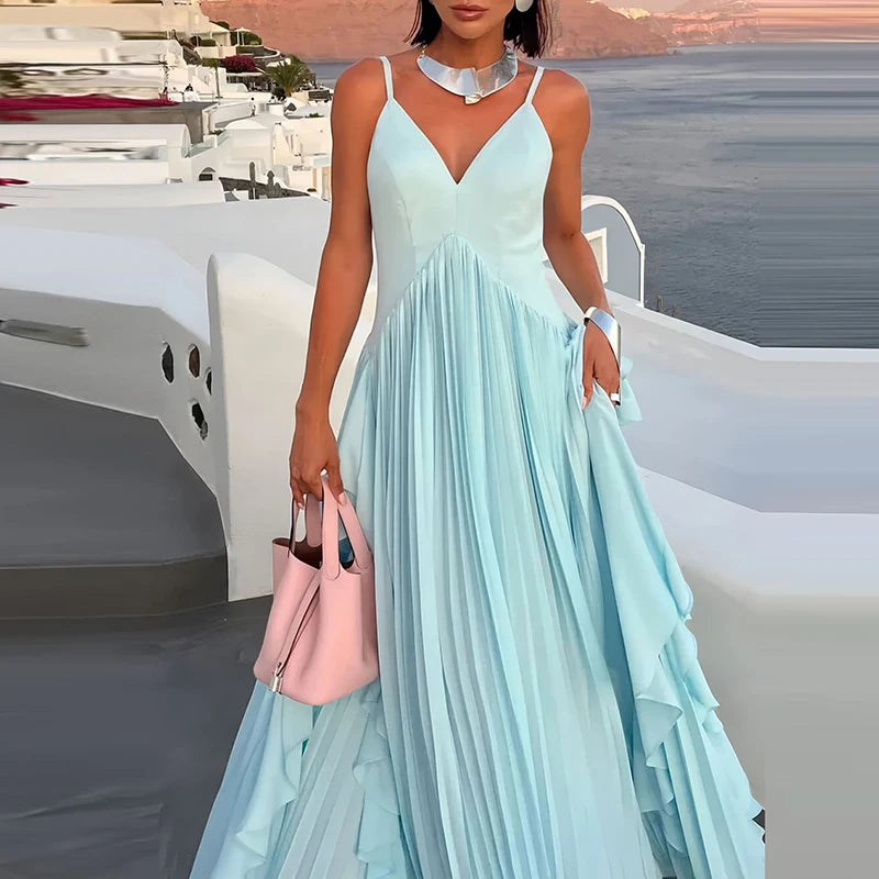 Sky Blue Ruffle Halter Evening Dress
