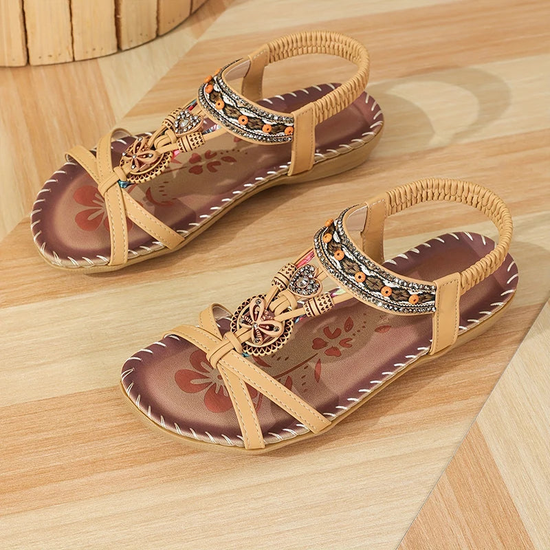 Women’s Boho Beaded Strap Sandals – Casual Summer Walking Shoes