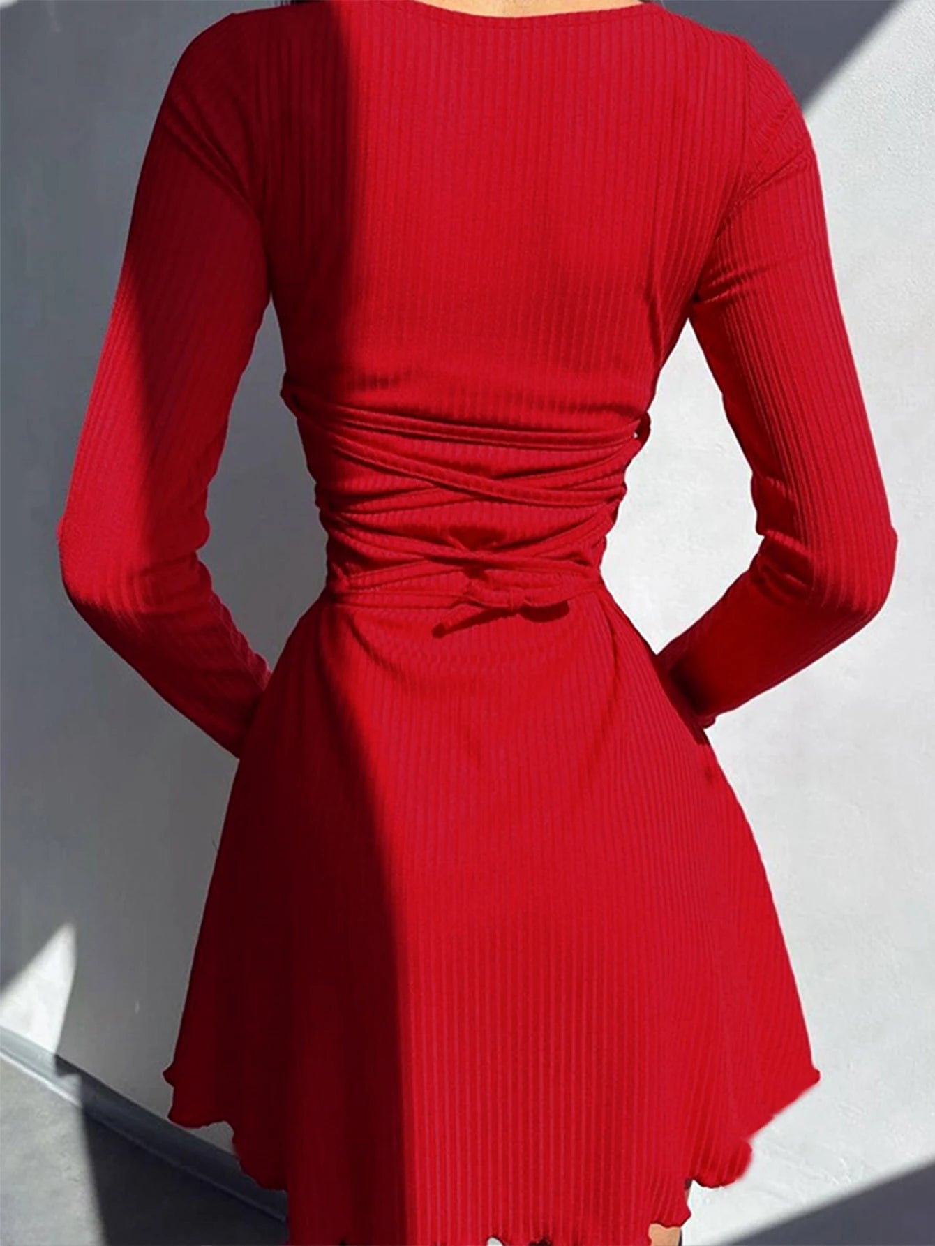 Women’s Lace-Up Back Mini Dress – Long Sleeve, Ribbed Knit, Flared Hem