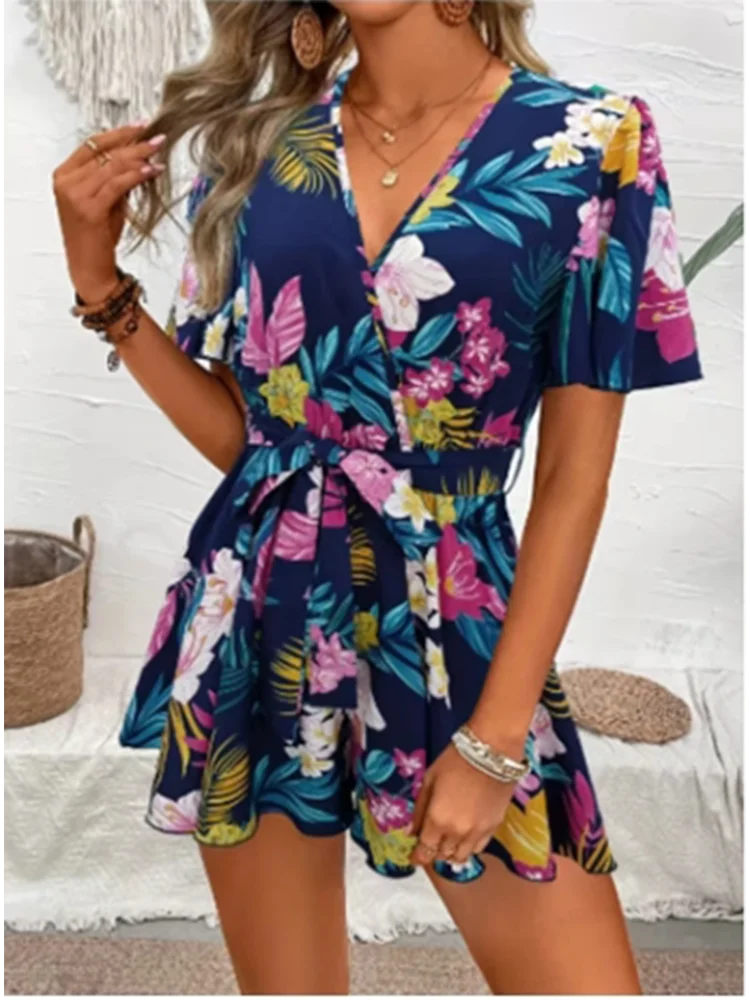 Women’s V-Neck Short-Sleeve Printed Romper – Lightweight, Beach-Ready