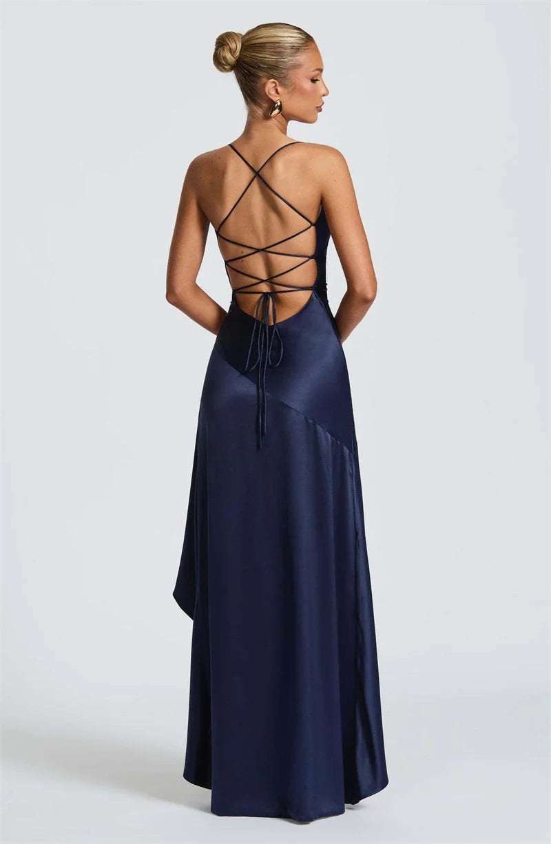 Women’s Satin Spaghetti Strap Maxi Dress – Ruffle Thigh Split, Backless