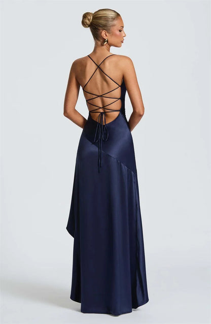 Women’s Satin Spaghetti Strap Maxi Dress – Ruffle Thigh Split, Backless