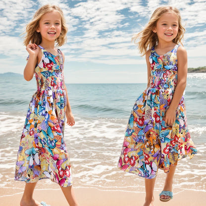Girls’ Boho Floral Maxi Dress – Sleeveless, Beach-Ready Chiffon