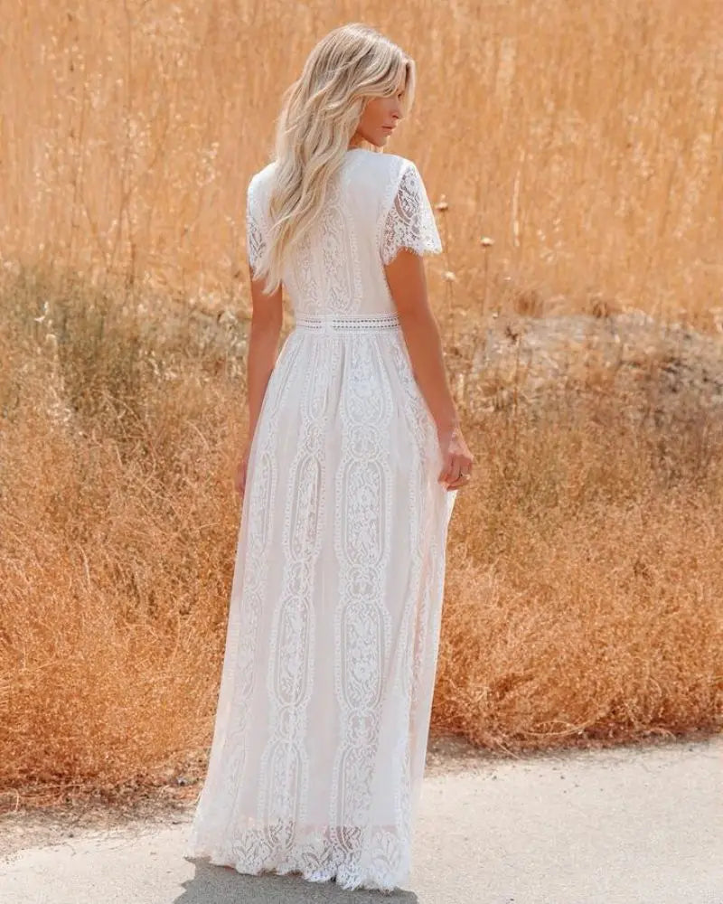 Women’s Embroidered Lace Maxi Dress – Elegant White Boho Beach Style