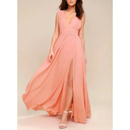 Backless Deep-V Chiffon Maxi Dress – Flowy Slit Evening Gown