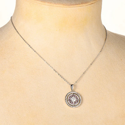 Women’s Sterling Silver Compass Necklace – 6.5mm Cubic Zirconia Pendant