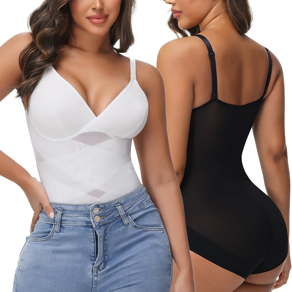 Two women wearing a white bodysuit and a black bodysuit, one facing forward and the other showing the back.