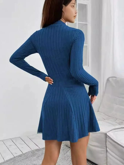 Women’s Ribbed A-Line Knit Mini Dress – Long Sleeve, Mock Neck, Slim Fit