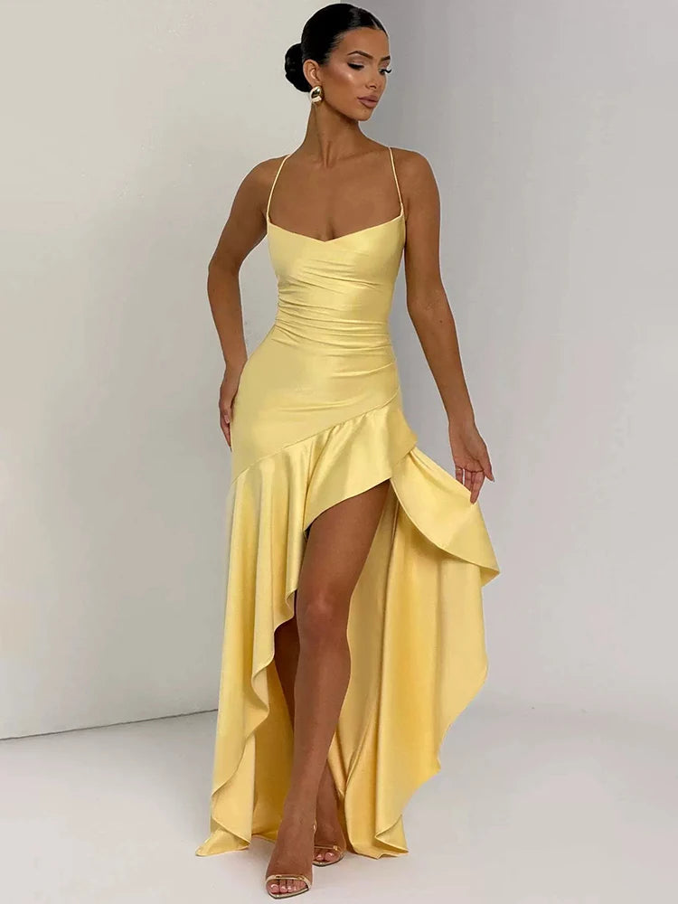 Women’s Satin Spaghetti Strap Maxi Dress – Ruffle Thigh Split, Backless