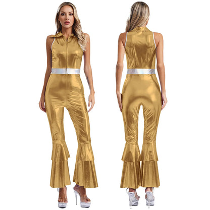 Women’s 70s Metallic Disco Jumpsuit – Sleeveless High – Waist Flared Costume – Black – 3XL