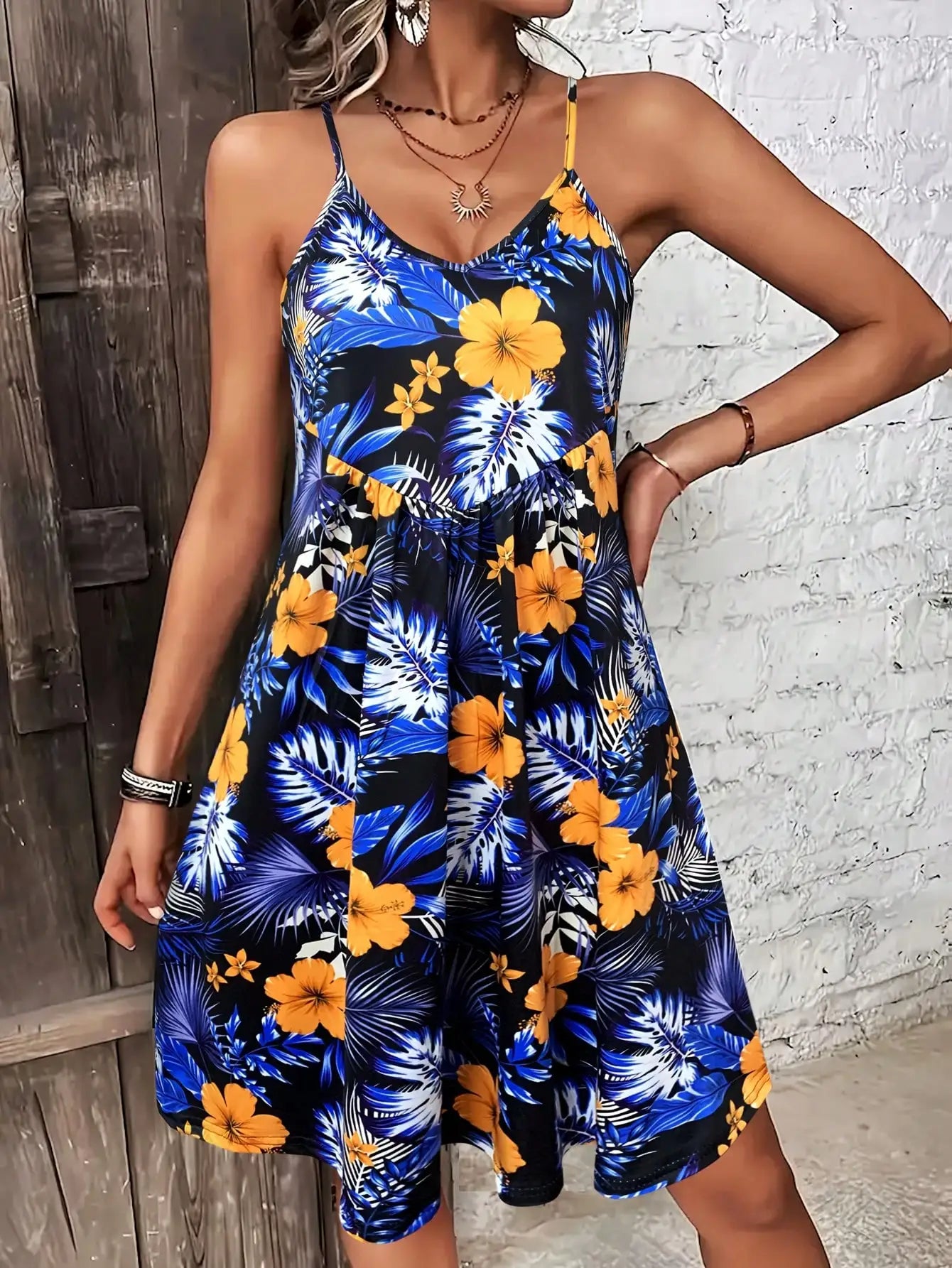 Tropical Print V-Neck Sundress