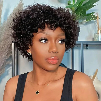 Short Curly Human Hair Wig with Bangs – Natural Brown Pixie Style