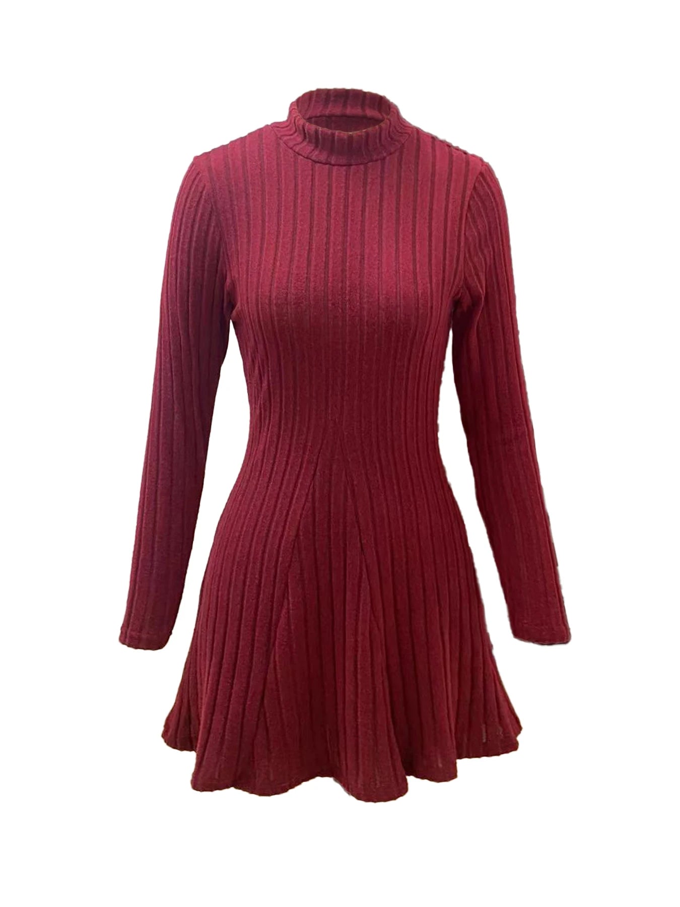 Women’s Ribbed A-Line Knit Mini Dress – Long Sleeve, Mock Neck, Slim Fit