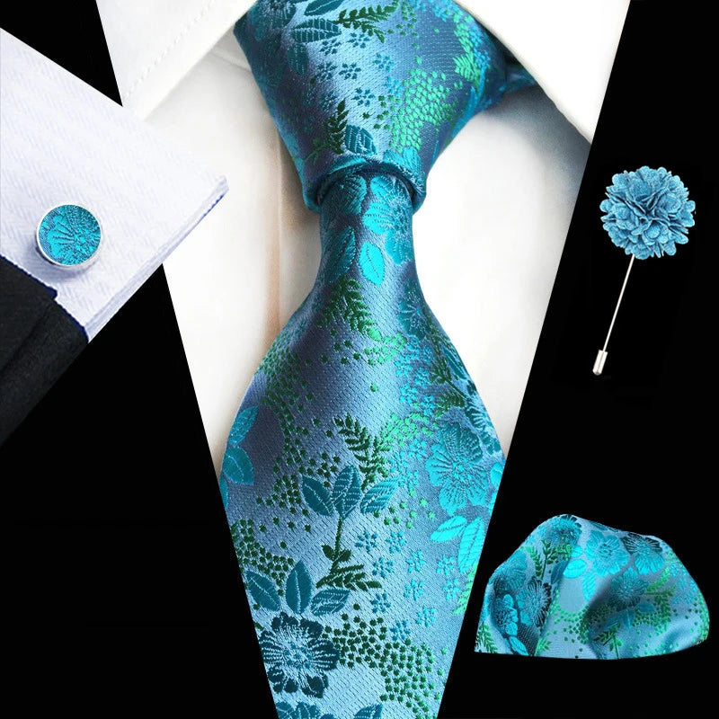 Men’s Floral Necktie Set – Tie, Pocket Square & Cufflinks