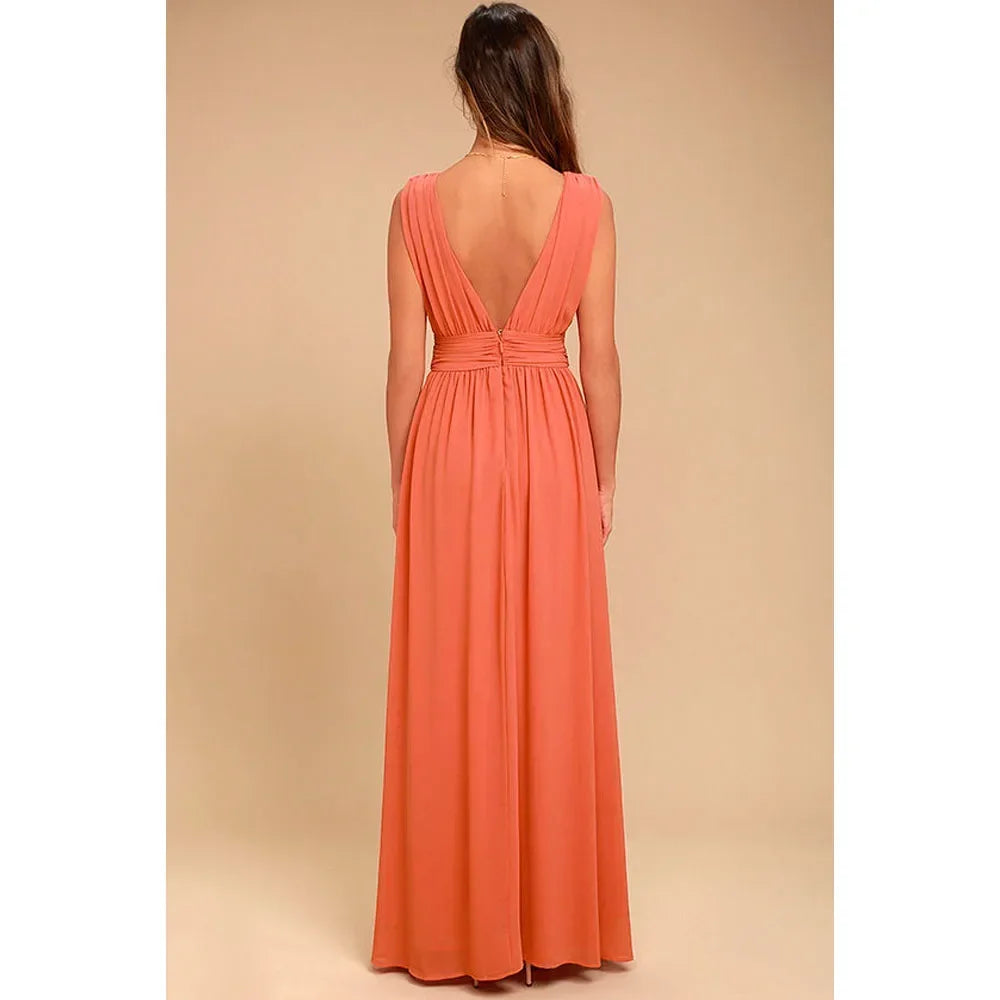 Backless Deep-V Chiffon Maxi Dress – Flowy Slit Evening Gown