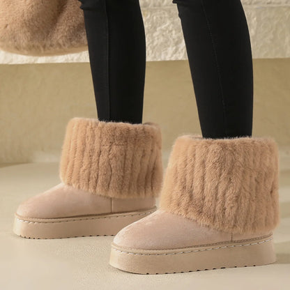 Women’s Faux Fur Slip – on Winter Boots – Warm Plush Mid – Heel Comfort – Khaki – 36