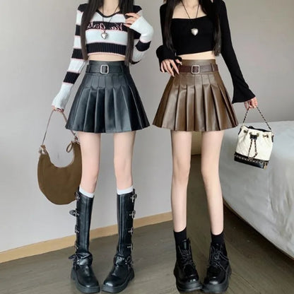 Women’s Pleated PU Mini Skirt with Belt – High-Waist, A-Line