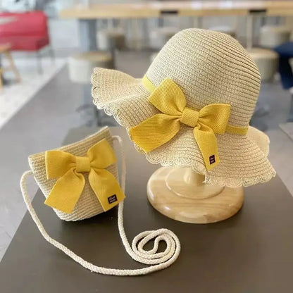 Kids Straw Hat & Bag Set – Summer Bow Sun Hat with Matching Crossbody Purse