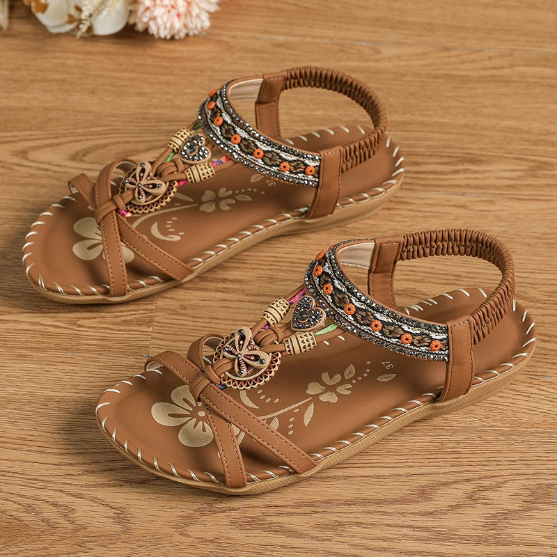 Women’s Boho Beaded Strap Sandals – Casual Summer Walking Shoes