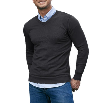Men’s V-Neck Knit Pullover Sweater – Lightweight Long Sleeve