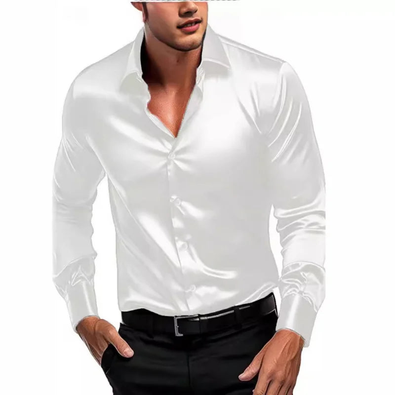 Men’s Satin Long-Sleeve Dress Shirt – Silky Luxury Button-Up - The Dock Drop
