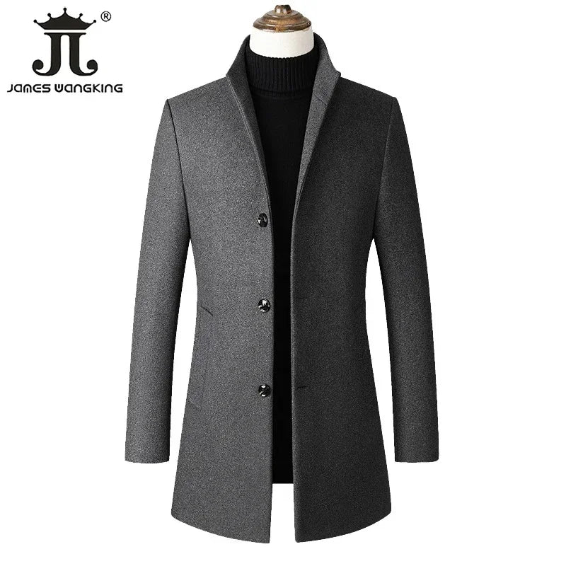 Men’s Wool-Blend Winter Overcoat – Stand Collar, Slim Long Coat