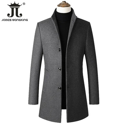 Men’s Wool-Blend Winter Overcoat – Stand Collar, Slim Long Coat