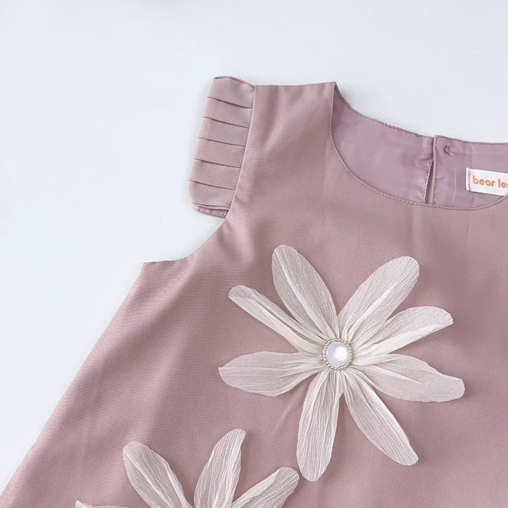 Girls’ 3D Flower A-Line Dress – Sleeveless, Knee Length