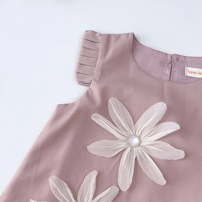 Girls’ 3D Flower A-Line Dress – Sleeveless, Knee Length