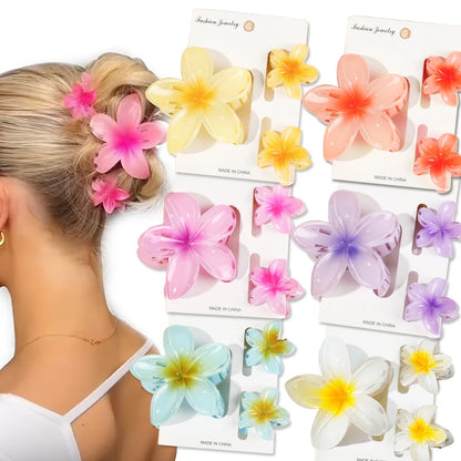 Colorful flower-shaped hair clips displayed on cards with a model wearing them.