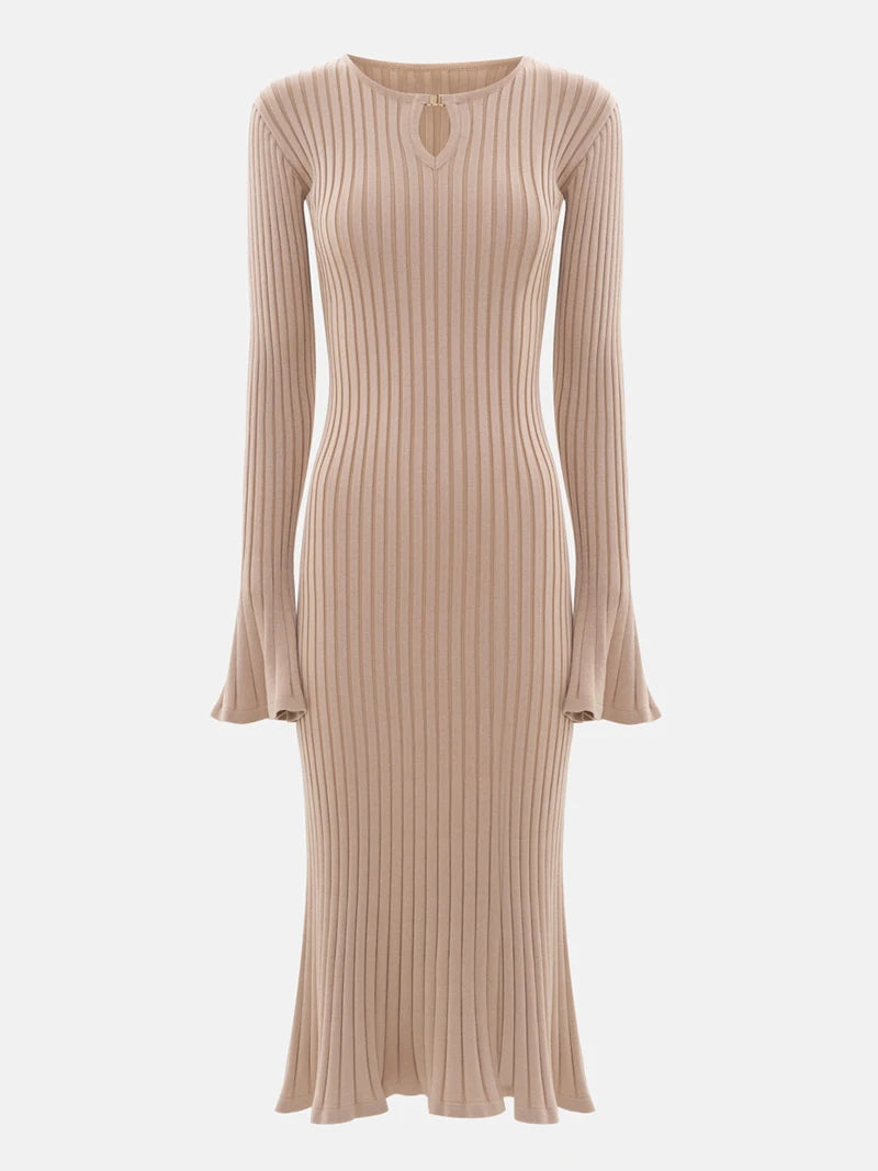 Women’s Rib-Knit Midi Dress – Long Sleeve, Flare Cuffs, Bodycon Fit