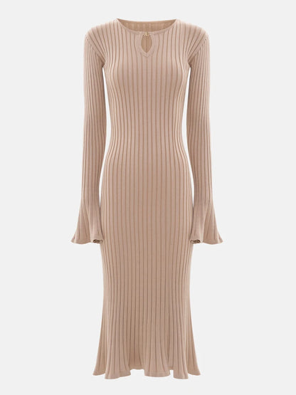 Women’s Rib-Knit Midi Dress – Long Sleeve, Flare Cuffs, Bodycon Fit