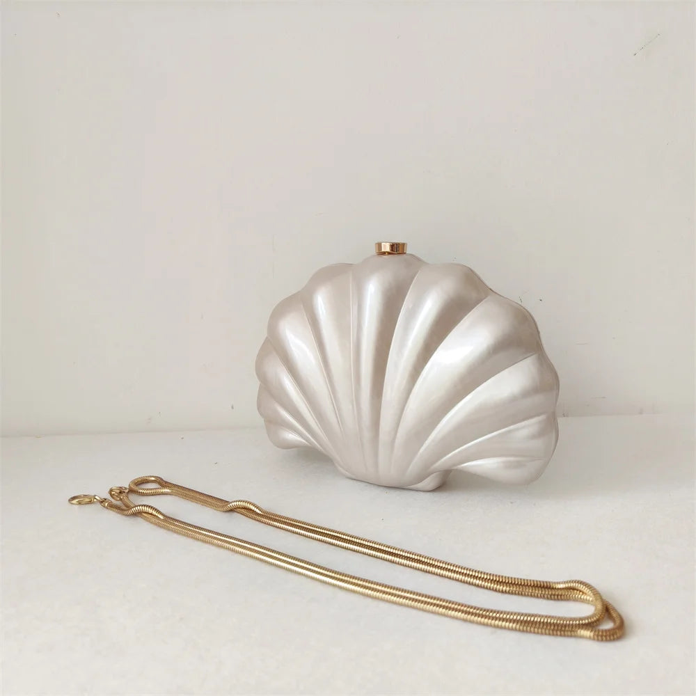 Shell Clutch Evening Bag – Beaded Handle, Formal Elegance