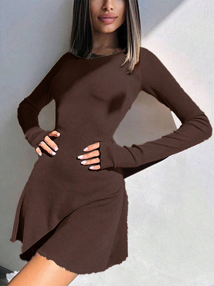 Women’s Lace-Up Back Mini Dress – Long Sleeve, Ribbed Knit, Flared Hem